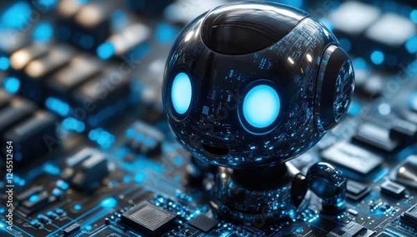 Fototapeta Cute robot character with glowing blue eyes stands on a futuristic circuit board, surrounded by a matrix of digital technology and electronic components