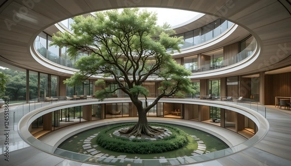 Fototapeta 8K ultra-modern tree ring house with layered circular levels, glass partitions, and a central courtyard with a living tree.