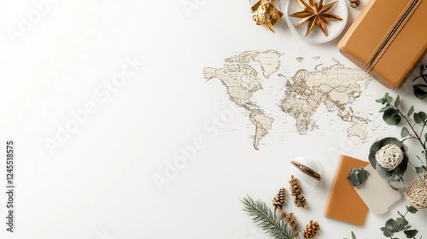 Fototapeta travel themed flat lay featuring world map, suitcases, and decorative items evokes sense of adventure and exploration