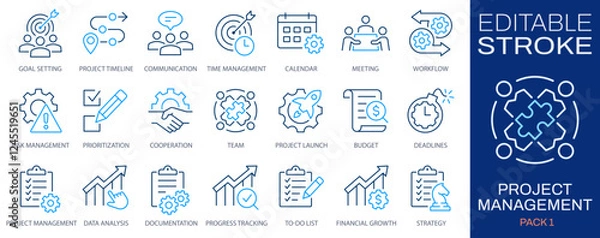 Obraz Project management icon set. Collection of collaboration, workflow, milestones, deadlines and more. Vector illustration. Editable stroke.