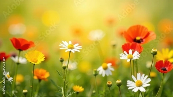 Fototapeta A bright beautiful background of bright wild flowers, creating an atmosphere of spring lightness and comfort. Suitable for website backgrounds, advertising banners and postcards. Awakening of spring, 