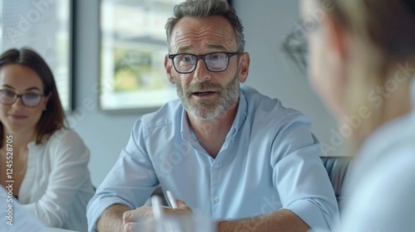 Fototapeta A professional man seated at a conference table, leading a discussion on billing procedures with team members, in a professional office boardroom adorned with contemporary artwork.