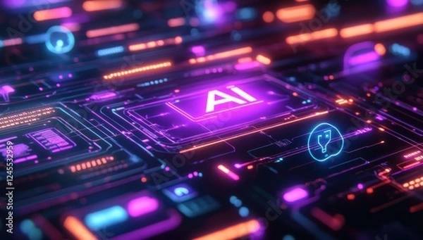 Obraz Futuristic digital interface showcasing advanced artificial intelligence technology with vibrant neon colors and circuit patterns in a virtual environment