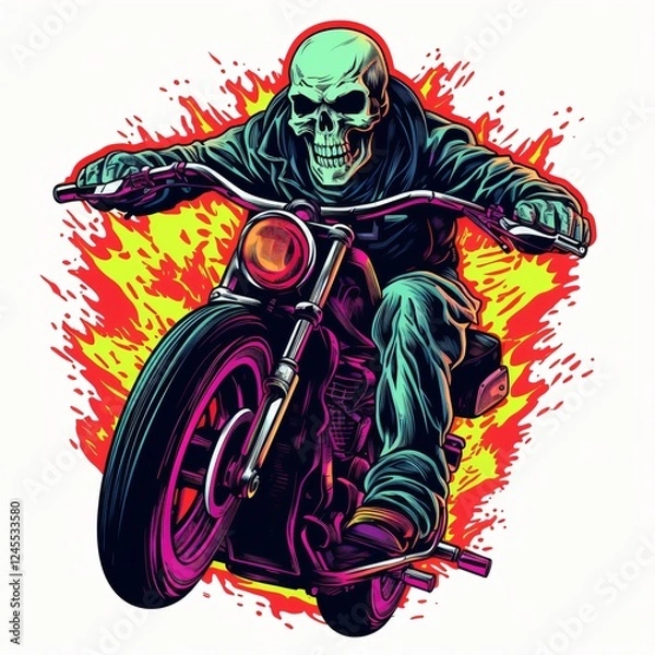 Fototapeta Skull Rider Speeding on a Motorcycle Surrounded by Vibrant Flames. Generative AI