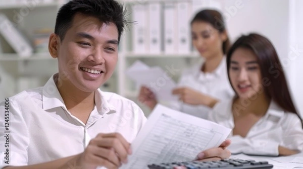 Fototapeta Man reviewing billing statements with calculator, woman cross-checking records in background, efficient teamwork in white, minimalist office environment.