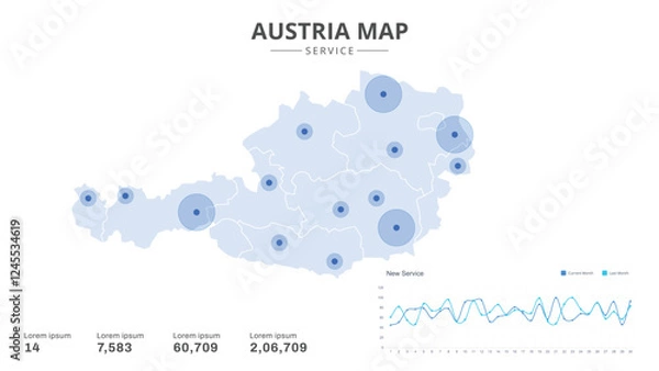 Fototapeta Service centers are highlighted within the of Austria Infographic map. Business Infographic Map of Austria. Vector Map of a Austria map. Easy to edit