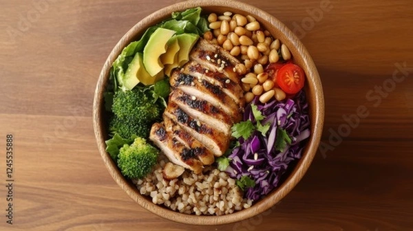 Fototapeta Buddha bowl dish with chicken fillet, brown rice, avocado, pepper, tomato, broccoli, red cabbage, chickpea, fresh lettuce salad, pine nuts and walnuts. Healthy balanced eating. Top view