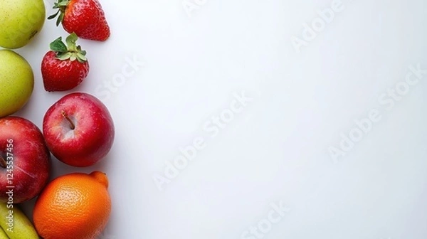 Fototapeta Healthy eating background / studio photography of different fruits and vegetables on white backdrop. Healthy food background, top view. High resolution product,