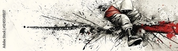 Fototapeta Hooded figure, action pose, splash background, game art