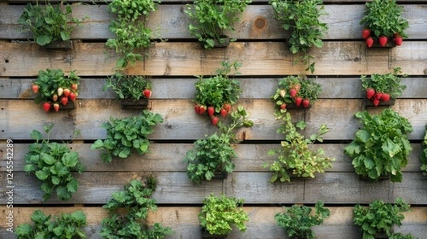 Fototapeta Vertical Garden Abundance: Fresh Strawberries and Lush Greenery on Rustic Wooden Wall