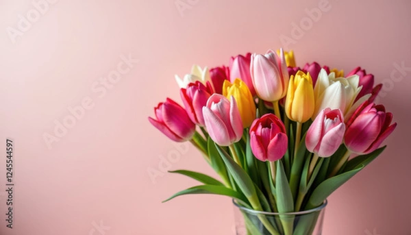 Fototapeta Colorful bouquet of tulips in a glass vase against a soft pink background