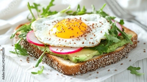 Fototapeta Toast with avocado, radish, egg and flax seeds. Delicious healthy Breakfast on a white wooden table. Selective focus and copy space