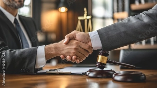 Fototapeta Employer, boss hiring candidate after successful job interview. Happy customer and lawyer, finishing consultation, meeting, shaking hands. Happy business men giving handshakes after negotiations