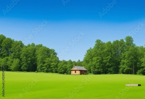 Fototapeta Small wooden cabin in a green field surrounded by trees under a clear blue sky captured in a tranquil rural setting with no people beautiful pic