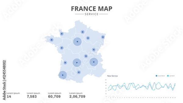 Fototapeta Service centers are highlighted within the of France Infographic map. Business Infographic Map of France. Vector Map of a France map. Easy to edit