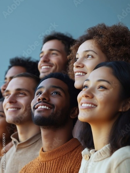 Fototapeta A group of people smiling and looking up at the sky, with a light blue background. Showcasing diverse young individuals standing together for community support.