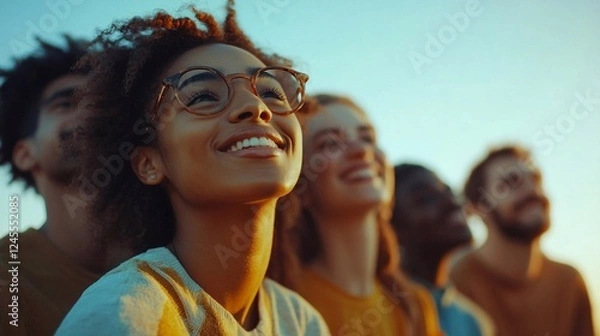 Fototapeta A group of people smiling and looking up at the sky, with a light blue background. Showcasing diverse young individuals standing together for community support.