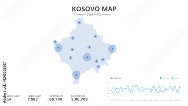 Fototapeta Service centers are highlighted within the of Kosovo Infographic map. Business Infographic Map of Kosovo. Vector Map of a Kosovo map. Easy to edit