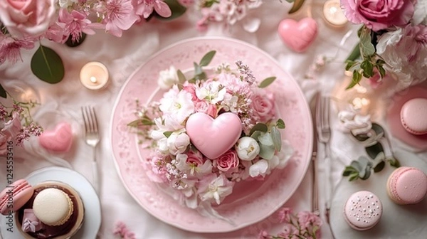 Fototapeta Flowers and sweets table setting pink for Valentine's Day