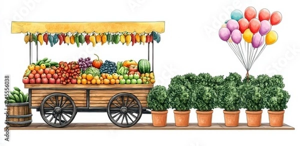 Fototapeta Colorful fruit and vegetable cart with balloons in a lively market setting