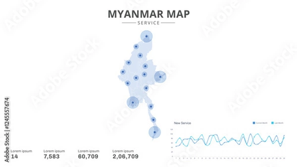 Fototapeta Service centers are highlighted within the of Myanmar Infographic map. Business Infographic Map of Myanmar. Vector Map of a Myanmar map. Easy to edit