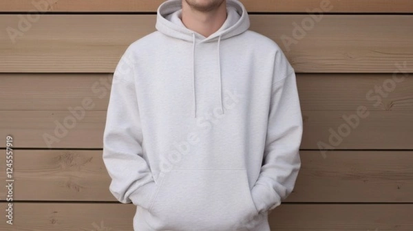 Fototapeta Young man wearing a casual gray hoodie stands against a wooden wall in a relaxed pose during daytime