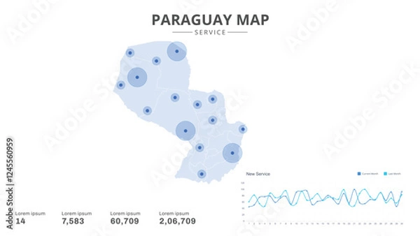 Fototapeta Service centers are highlighted within the of Paraguay Infographic map. Business Infographic Map of Paraguay. Vector Map of a Paraguay map. Easy to edit