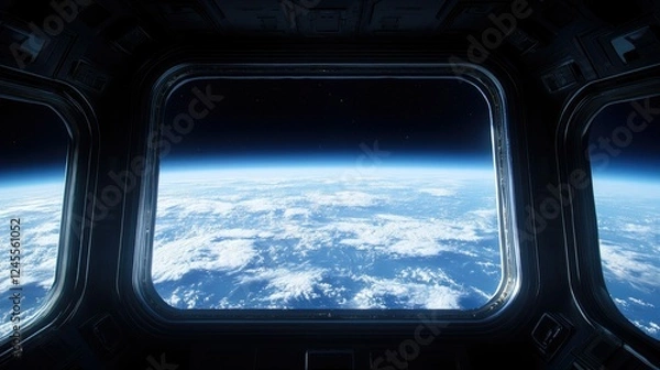 Obraz A futuristic spacecraft interior featuring a large window that frames a view of Earth from space.
