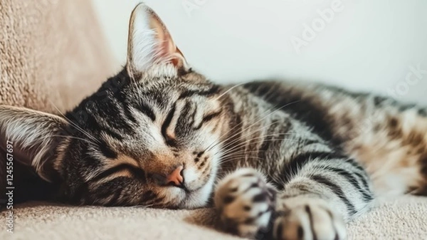 Fototapeta A cozy tabby cat peacefully sleeping on a soft surface, showcasing its adorable features and relaxed demeanor.