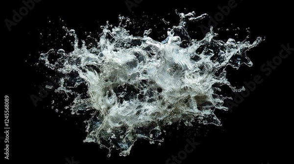 Fototapeta energetic water collision with dark void, turbulent fluid motion, explosive splash pattern, macro photography, silver liquid particles, chaotic water dance, artistic fluid composition, refined motion