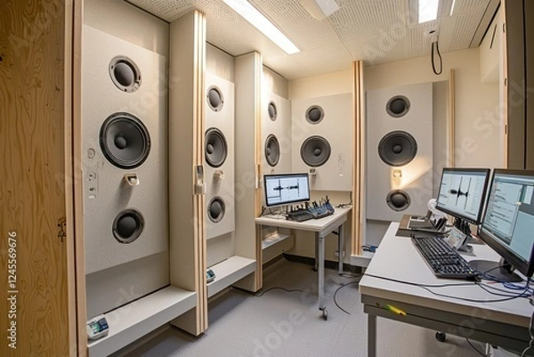 Obraz Bioacoustic research lab with advanced audio analysis tools and soundproof recording areas.