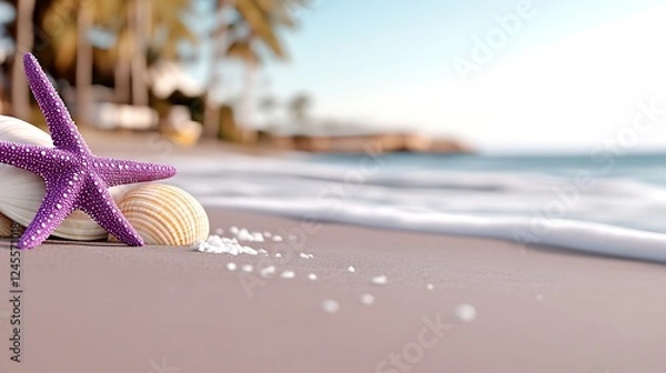 Fototapeta A vibrant starfish and seashells resting on a sandy beach with gentle waves and palm trees