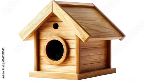 Fototapeta Rustic Birdhouse Composition With Light Wood Texture Emphasizing Symmetry Against a Clean White Background