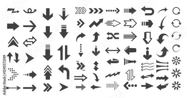 Fototapeta Set black modern arrows for web design. Arrows vector icon. Arrow icon. Set of big black vector arrows. Cursor, Click. Arrow icon pack