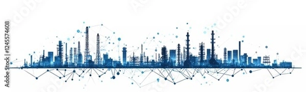 Fototapeta Silhouette of an industrial city with oil refineries and storage tanks on a white background, in a flat design vector illustration style.