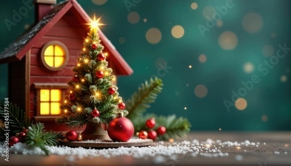 Fototapeta A whimsical dollhouse scene with a sparkly Christmas tree and a red ornamented ball, festive, berries, decorated