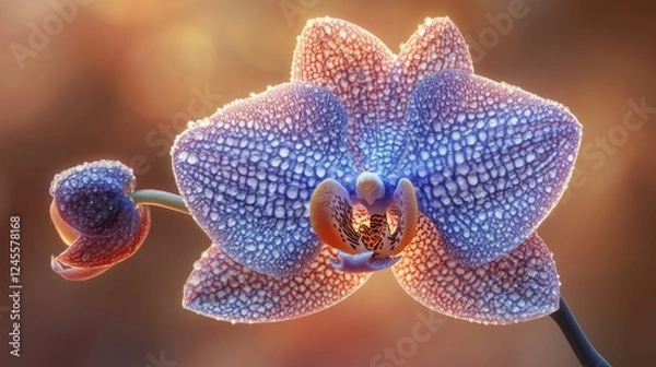Fototapeta Close-up of a vibrant orchid flower with dew drops, set against a blurred warm background