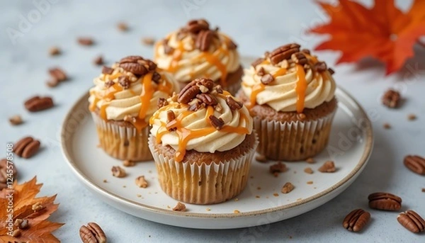 Fototapeta Delicious Pecan Caramel Cupcakes with Autumn Leaves, perfect for fall baking and dessert recipes.