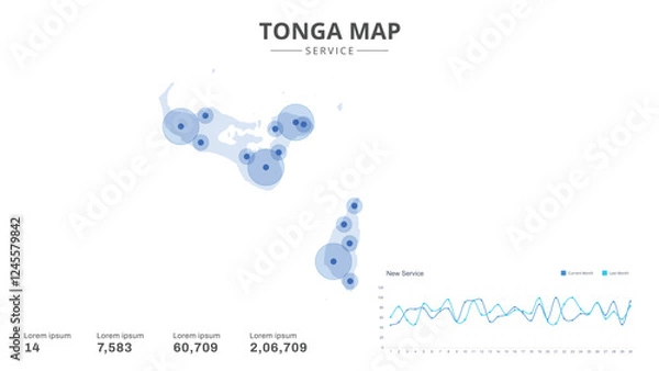 Obraz Service centers are highlighted within the of Tonga Infographic map. Business Infographic Map of Tonga. Vector Map of a Tonga map. Easy to edit