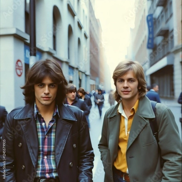 Obraz Two young men posing on a city street in casual attire during the vibrant days of the 1970s in an urban setting