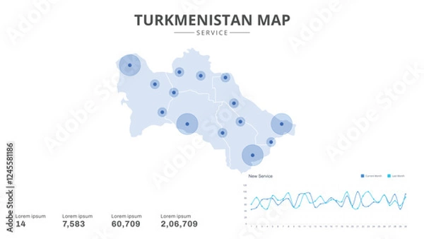 Fototapeta Service centers are highlighted within the of Turkmenistan Infographic map. Business Infographic Map of Turkmenistan. Vector Map of a Turkmenistan map. Easy to edit