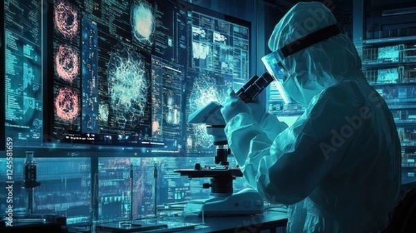 Fototapeta Scientist microscope lab research data analysis