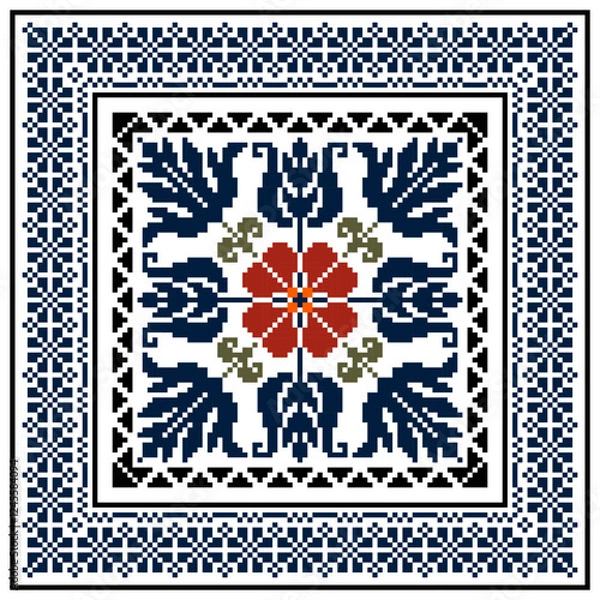 Fototapeta Square seamless Baroque traditional pixel with frame Geometric ethnic pattern.Indian, European ornament style.Vector for background, tile, textile, mosaic, ceramic, patchwork, cross-stitch, embroidery