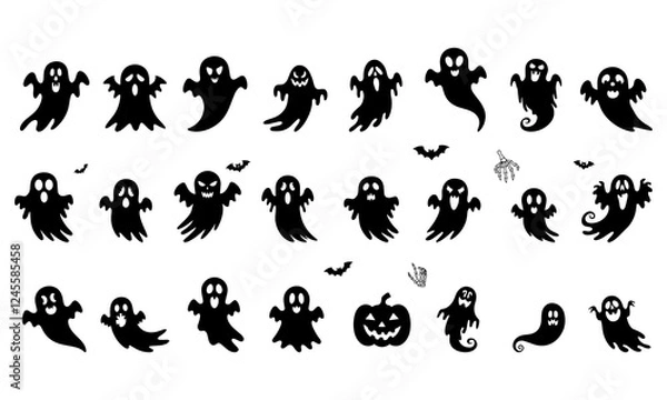 Fototapeta halloween ghost vector illustration featuring a set of unique silhouettes of ghost designs. Perfect for Halloween, this set includes traditional and abstract ghost, pumpkins and skeleton hands