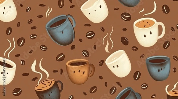 Fototapeta Seamless pattern of minimalist coffee mugs, beans, and steam curls on a warm brown background.