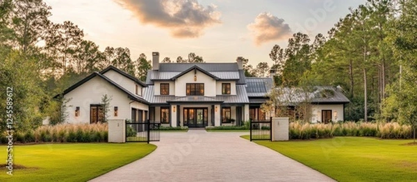 Fototapeta Modern farmhouse exterior bathed in warm afternoon light featuring gated driveway, lush greenery, and surrounding pine trees in serene setting