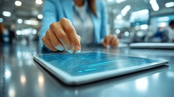 Obraz Woman using digital tablet with data.