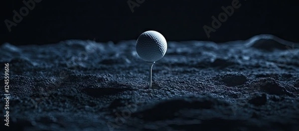 Fototapeta Moon surface with a lone white golf ball standing upright in the foreground, dark space in the background illuminated by soft light highlighting textures.