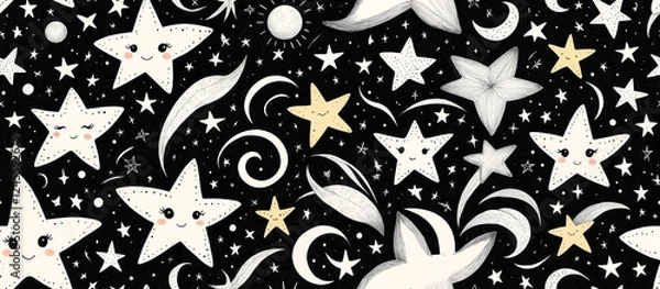 Fototapeta Pattern. Whimsical Star Pattern on Black Background