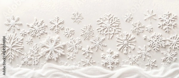 Fototapeta Elegant white snowy backdrop with textured snowflakes creating a festive greeting card atmosphere in soft whites and subtle shadows.